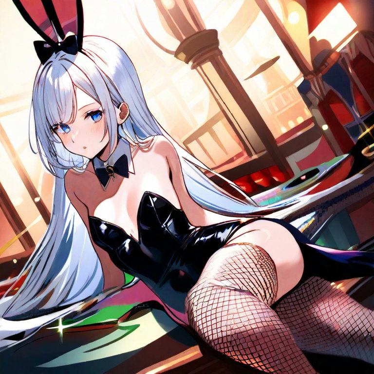 bunny girl white hair blue eyes fishnet stockings long hair