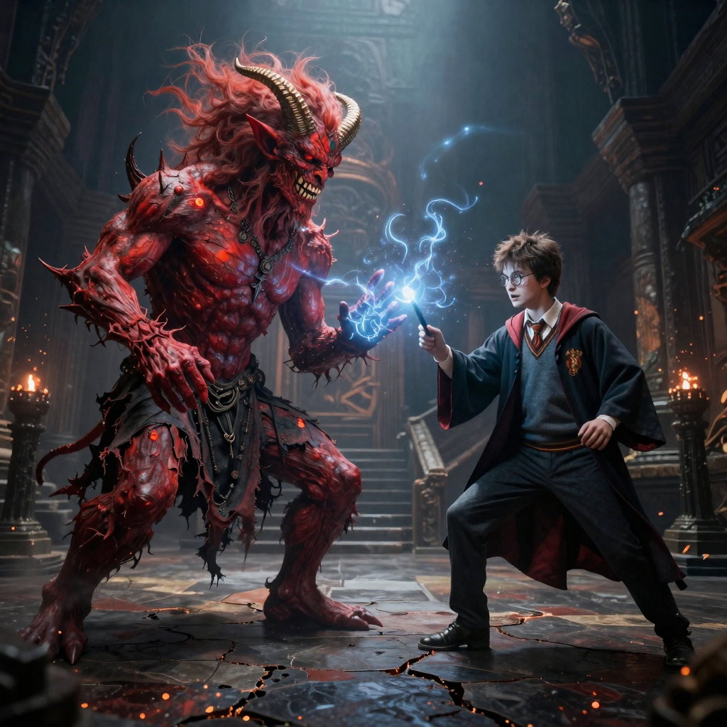 harry potter casts spells against aka oni