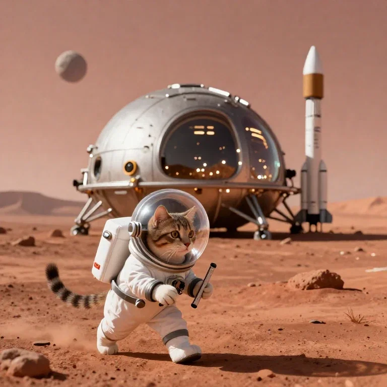 cat explores mars in spacesuit with base