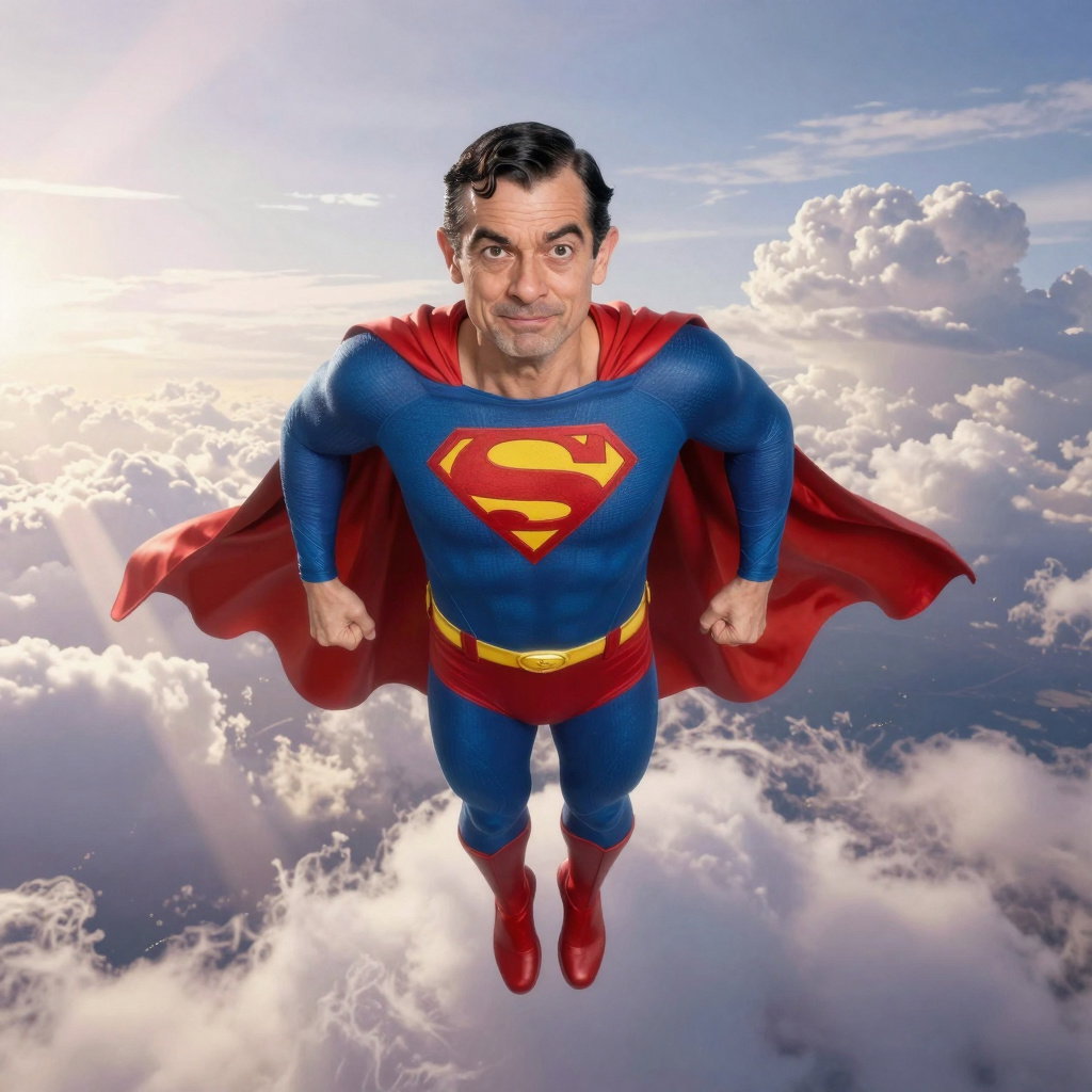 mr bean superman heroic cape cloudscape