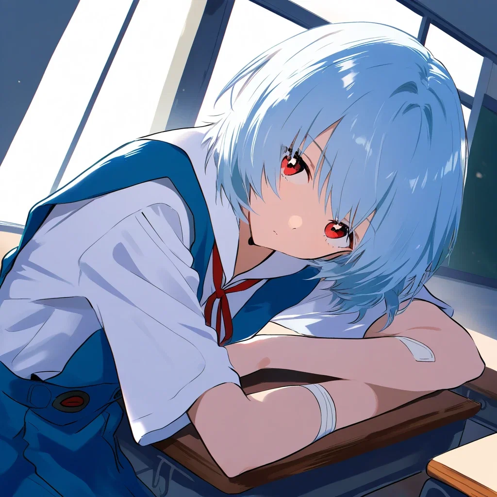 rei ayanami leaning on desk