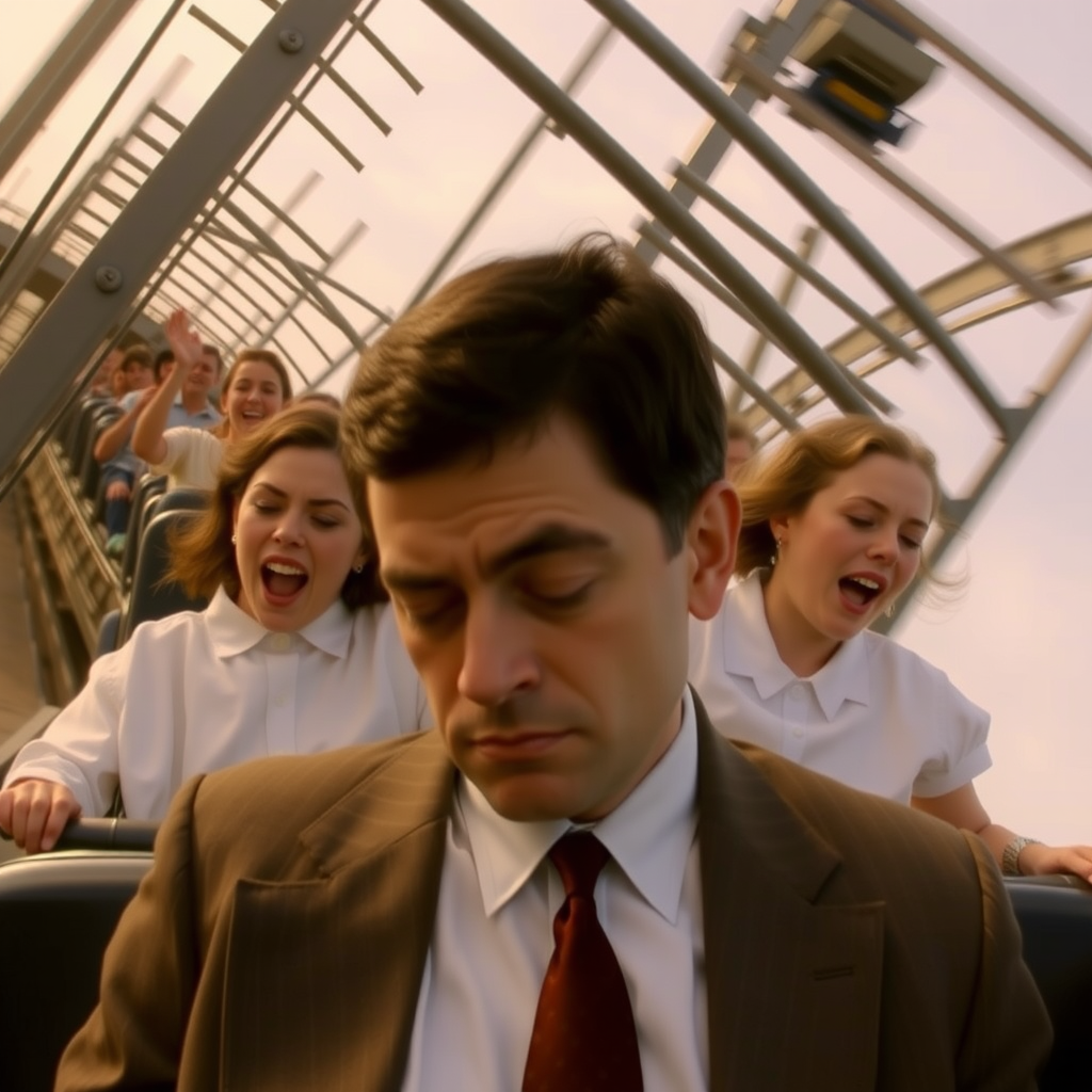 mr bean sleeping on rollercoaster amusement park