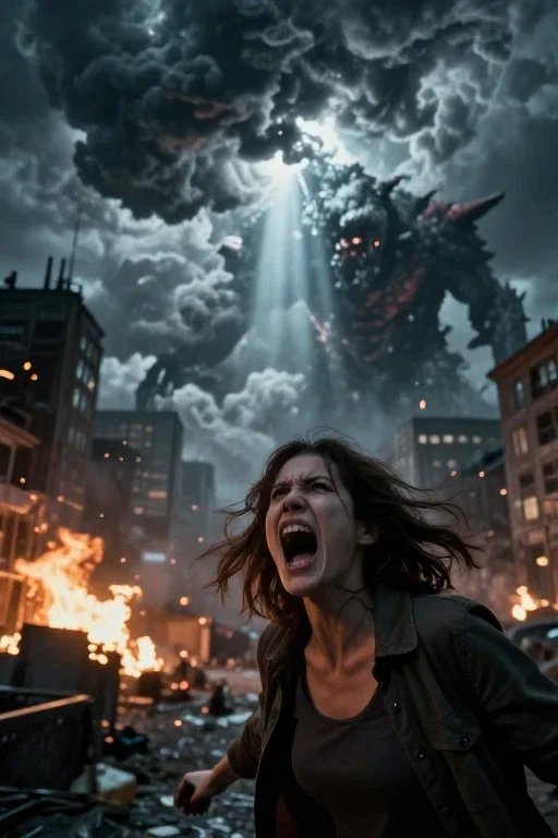 woman screams at monster in stormy city