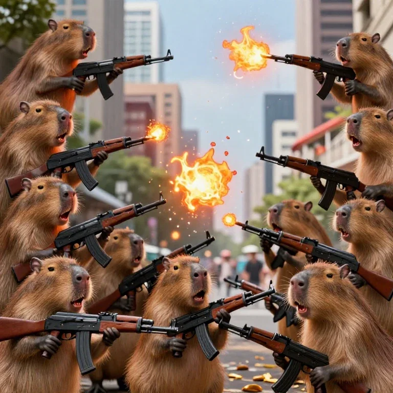 angry capybaras fight with fireballs and ak 47s