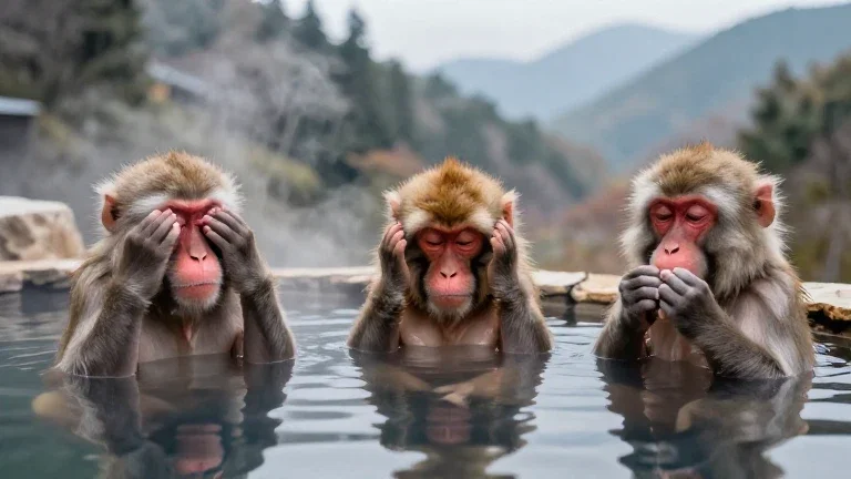 three monkeys in onsen bathtub