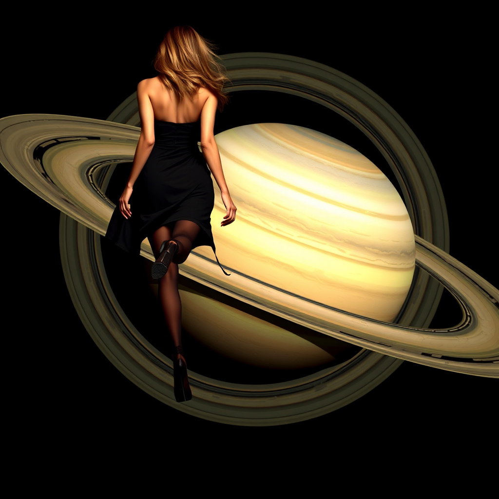 sensual woman walking saturn rings black dress
