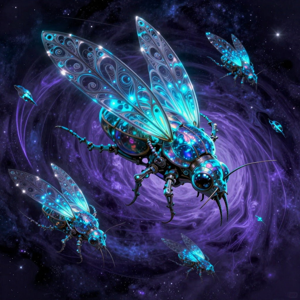 giger inspired insectoid constructs cosmic vortex bioluminescence