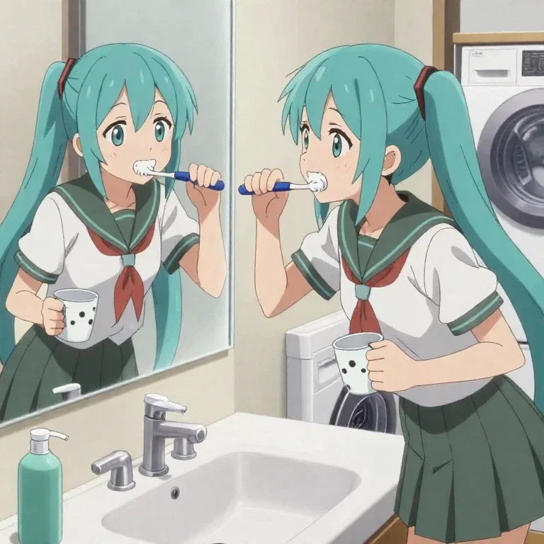 hatsune miku brushing teeth in bathroom