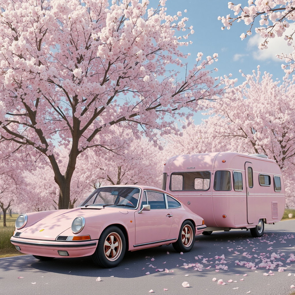 sakura porsche 911 towing camper cherry blossom avenue