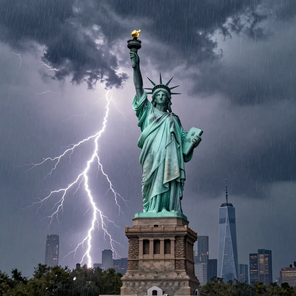 statue of liberty storm lightning nyc skyline