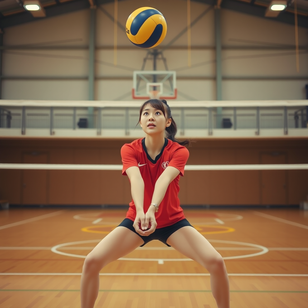 japanese volleyball player dynamic receive action bright red jersey