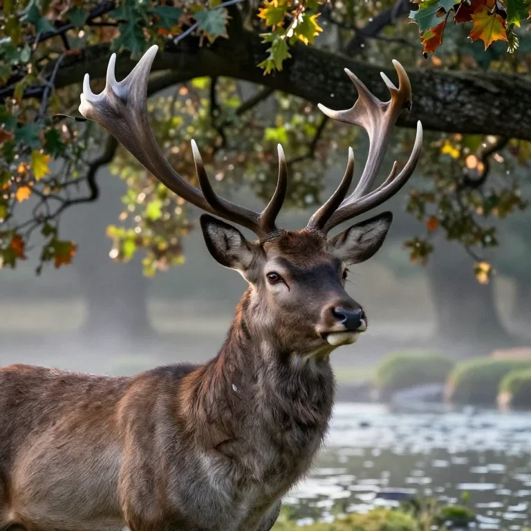majestic stag ancient oak riverbank morning light