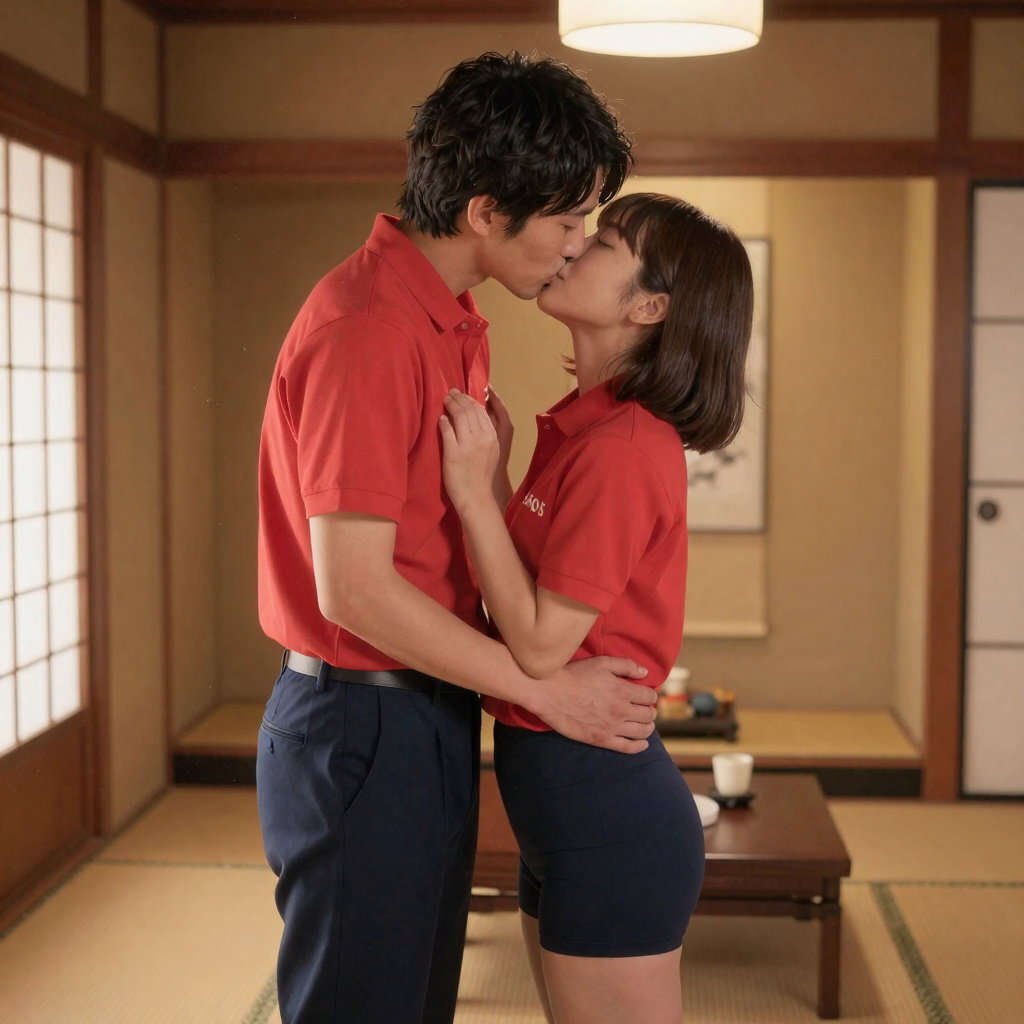 young japanese attendants passionate kiss tatami room