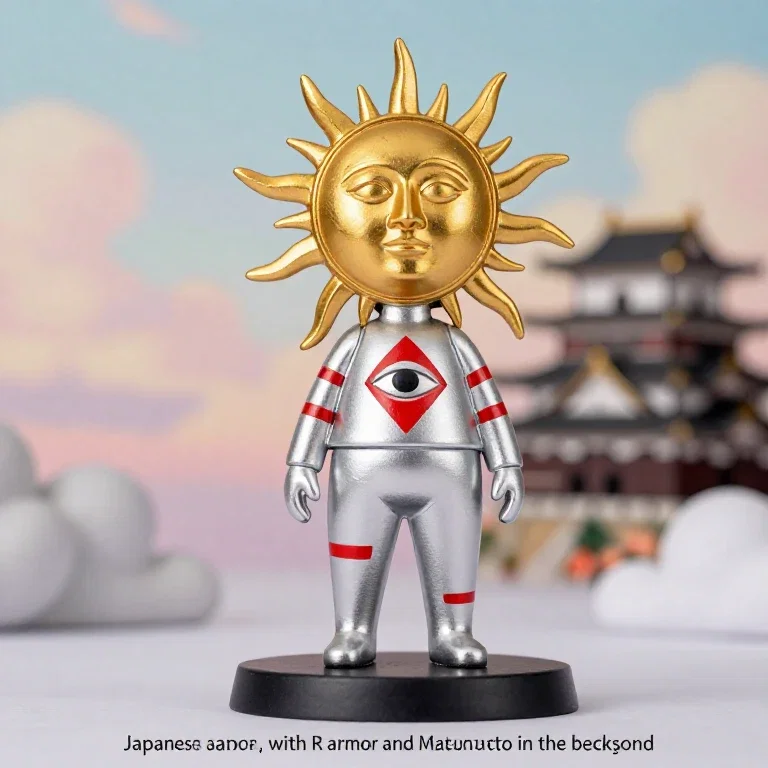 silver figurine with red accents golden mask