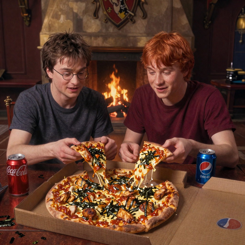 harry potter ron weasley eating teriyaki pizza