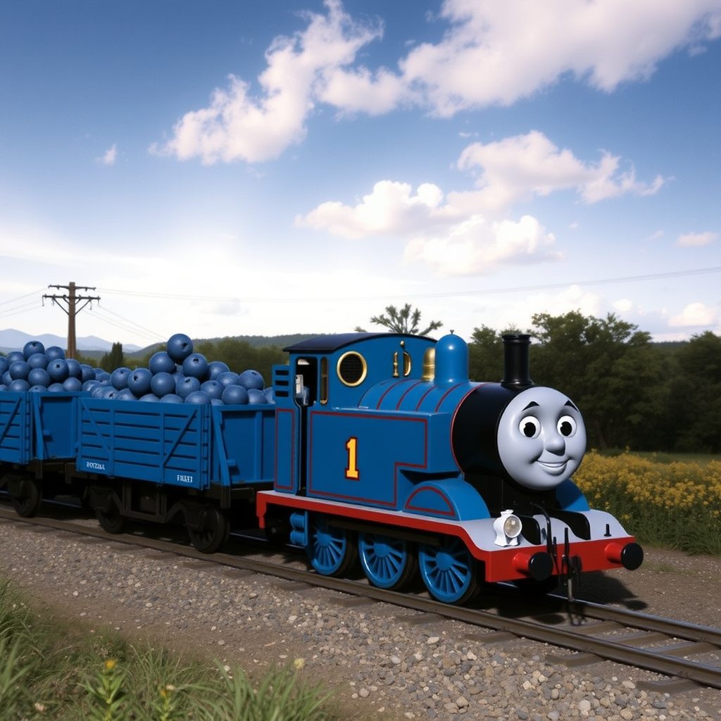 thomas train smiling pulling blue plums countryside