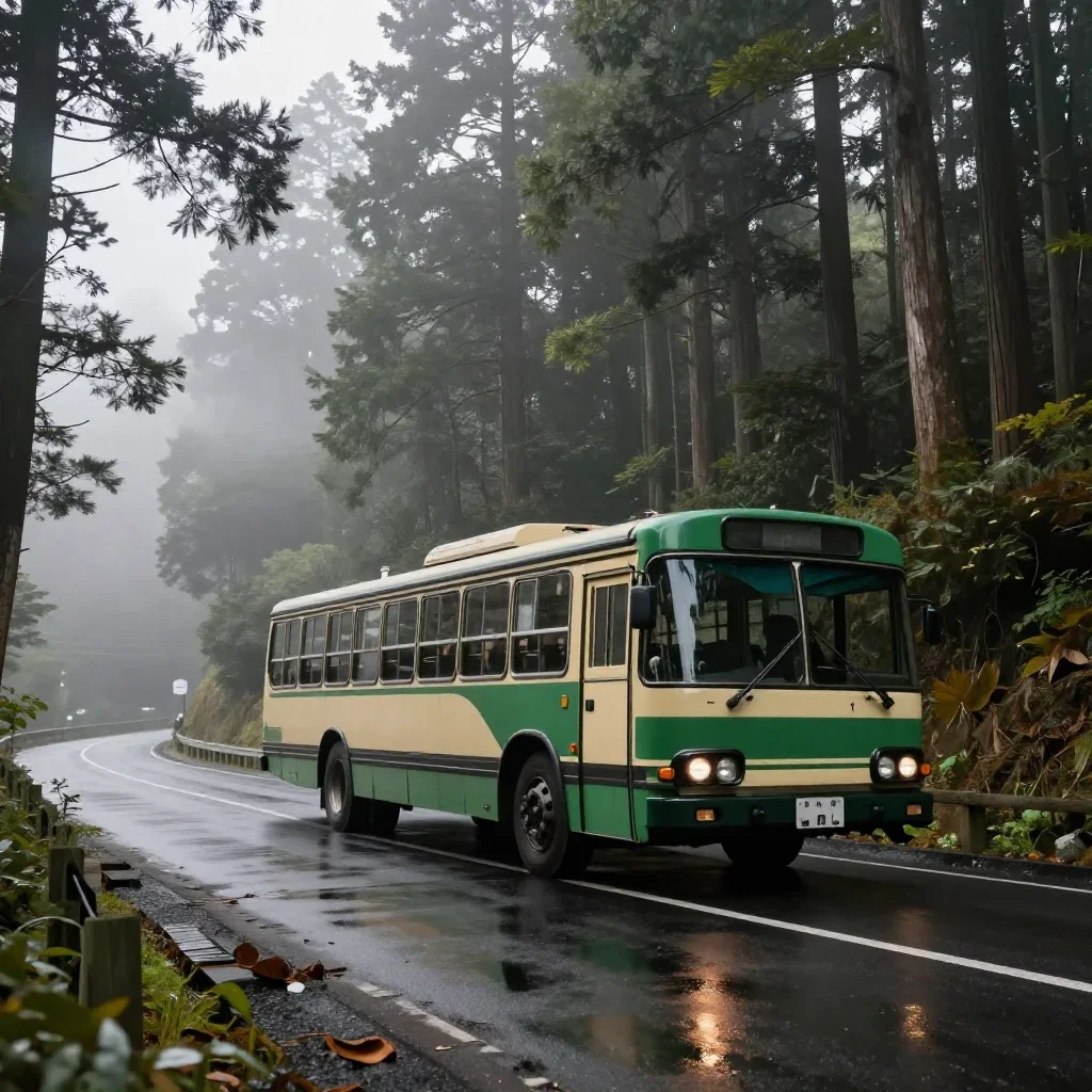 vintage bus climbs misty mountain road