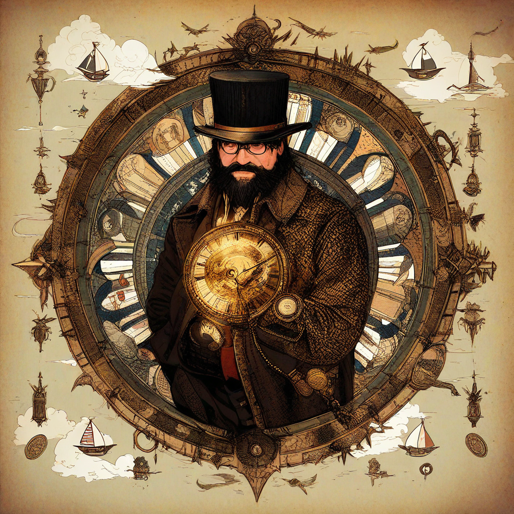 steampunk man riding crocodile fantasy world