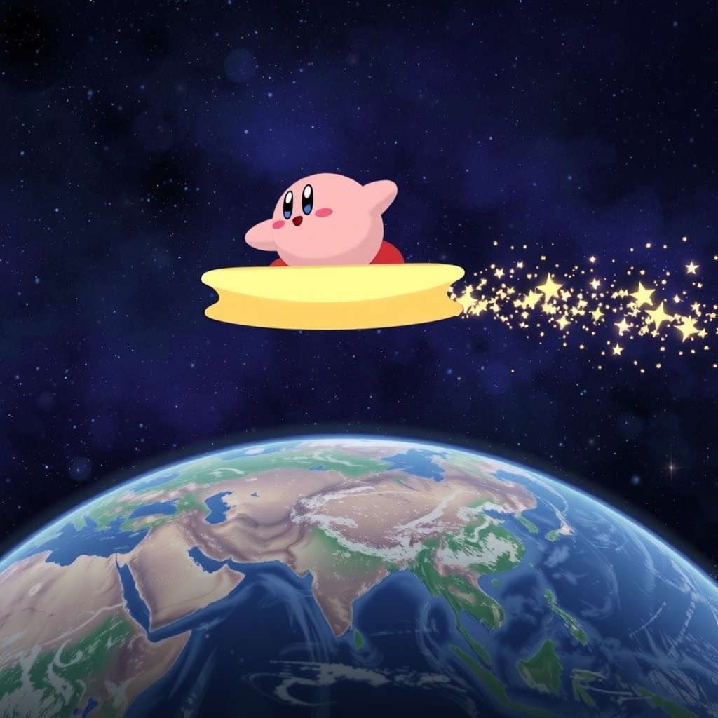 kirby riding warp star cosmic energy nebula dust space