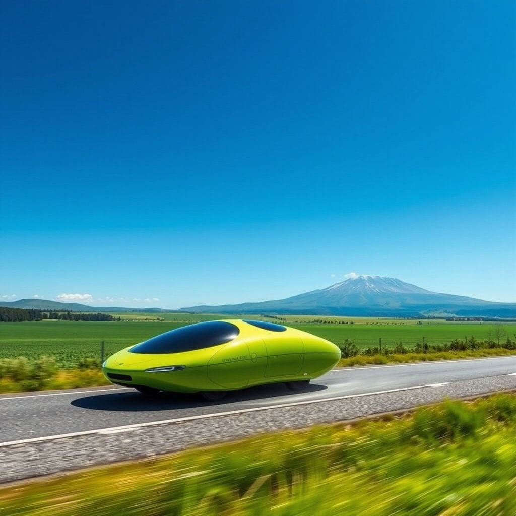 photorealistic lime green saucer solar car