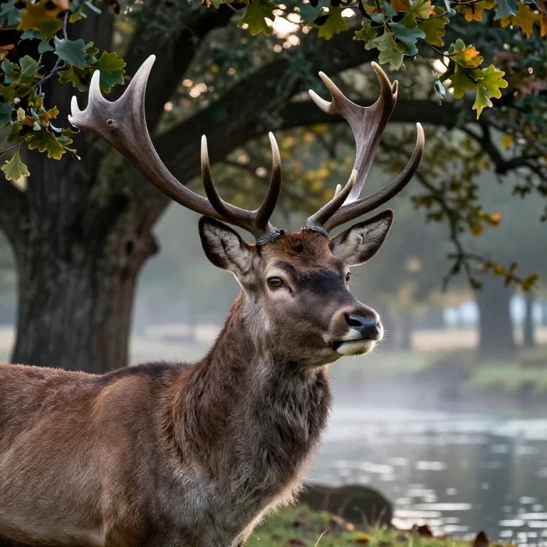 majestic stag ancient oak riverbank morning light