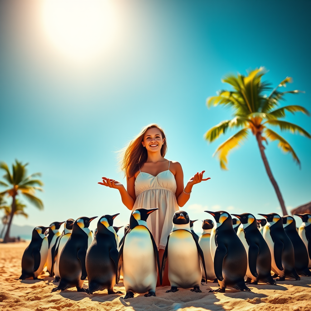young woman speech penguins beach sun