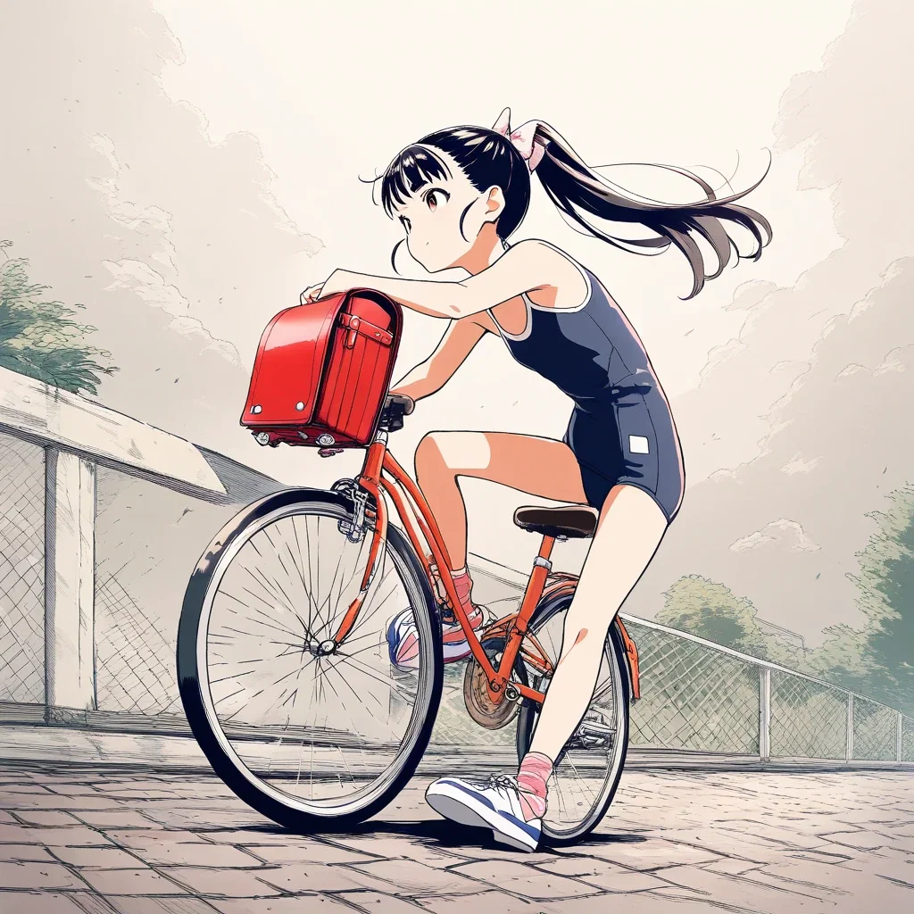 japanese schoolgirl swimsuit randoseru unicycle