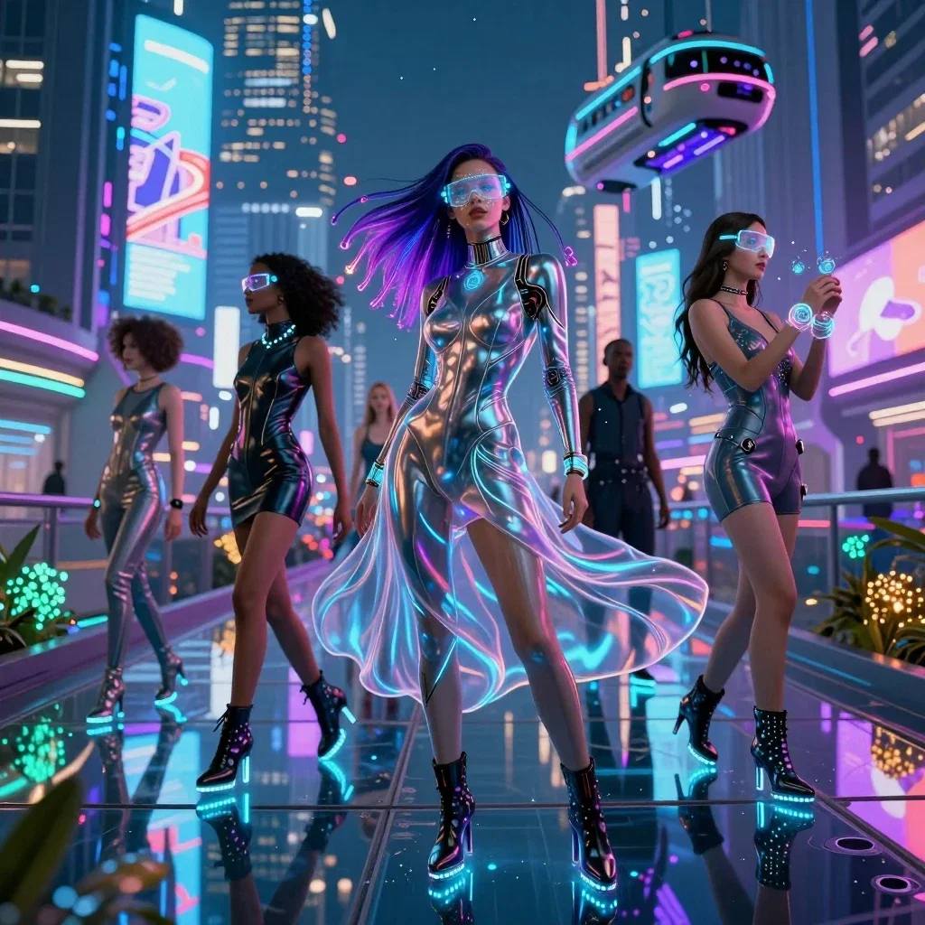 futuristic fashion women in neon metropolis