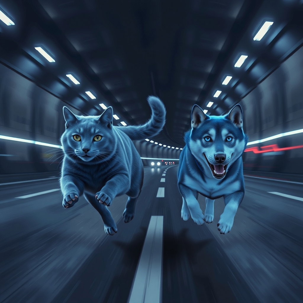 blue cat dog racing tunnel neon