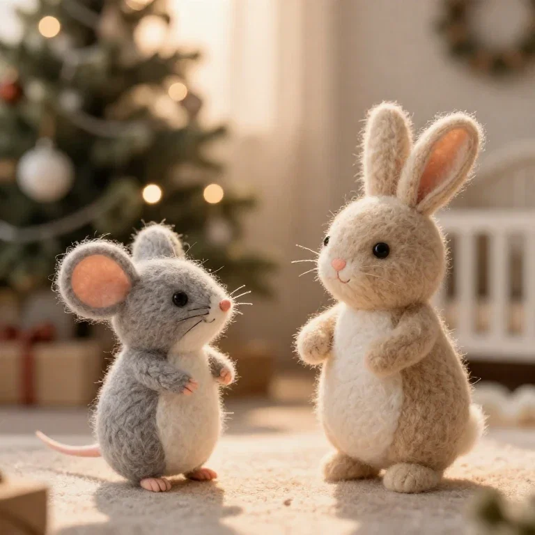 whimsical holiday art with mouse and rabbit