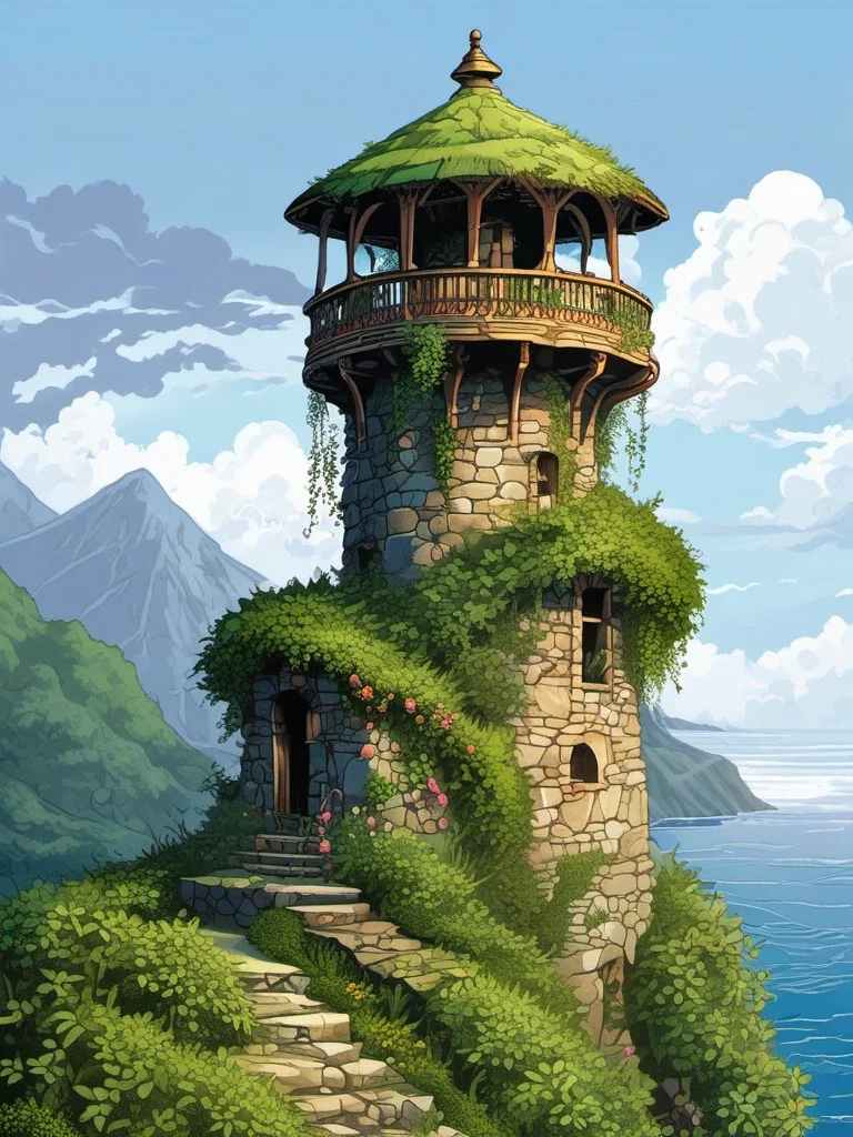 fantasy stone tower ocean waves misty mountains