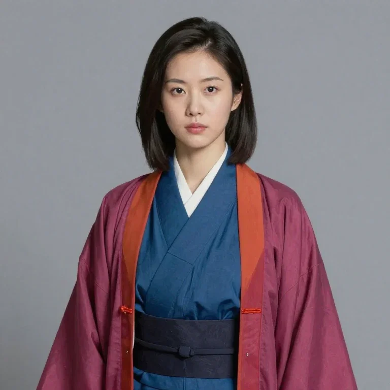 asian woman blue kimono calm expression