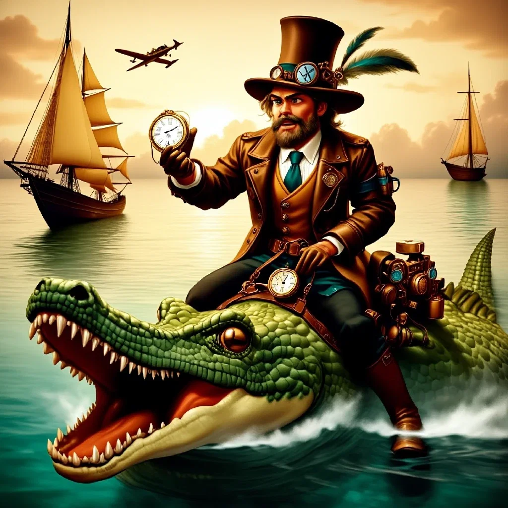 steampunk man riding crocodile fantasy world