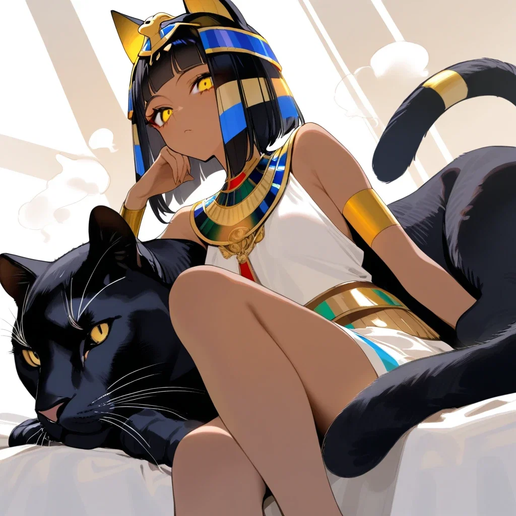 ancient egyptian cat girl lounging bed