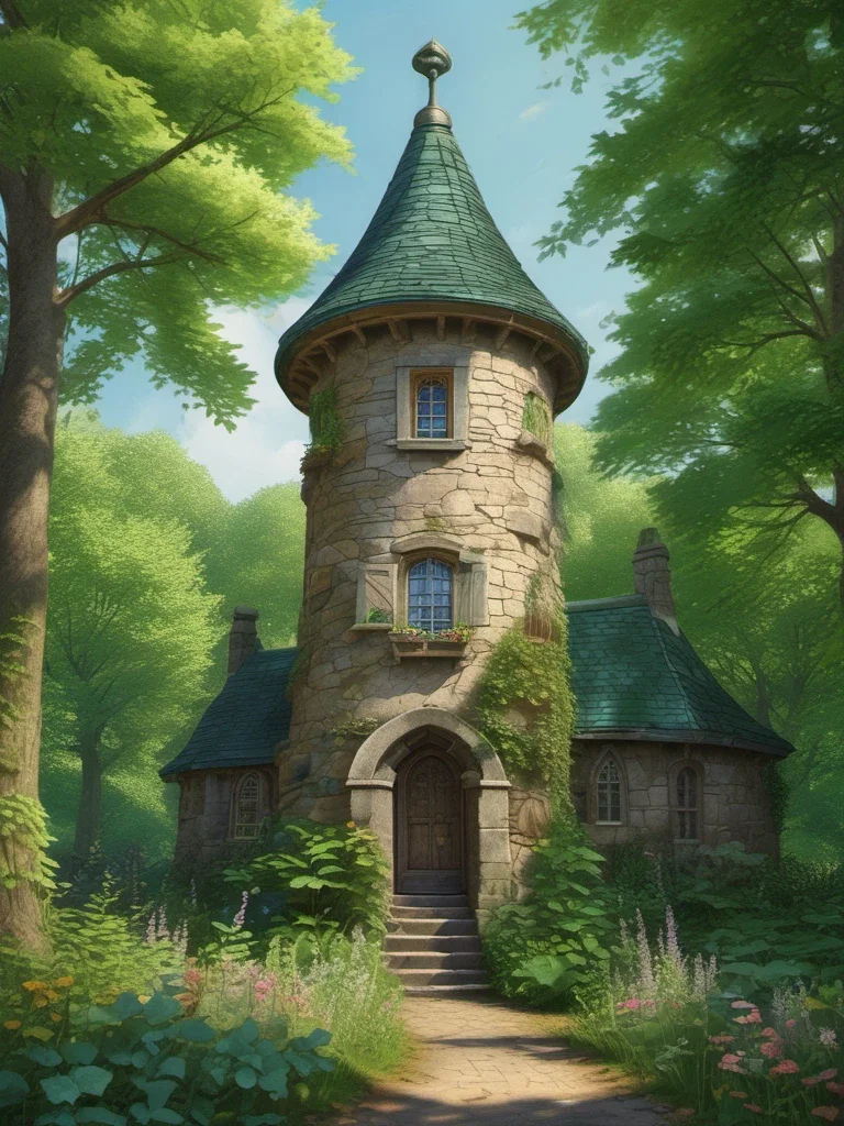 weathered stone tower with conical roof in forest