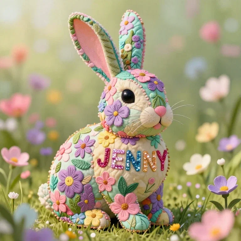 whimsical patchwork easter bunny artwork
