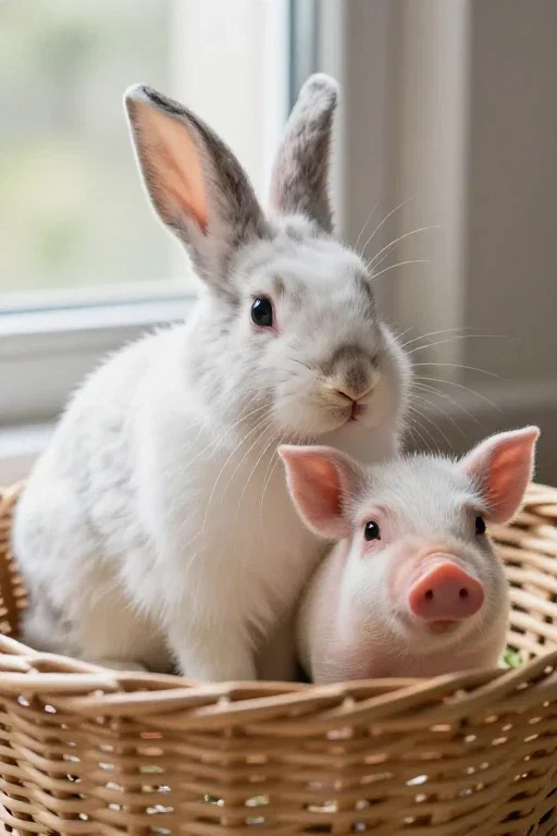 baby rabbit piglet basket window