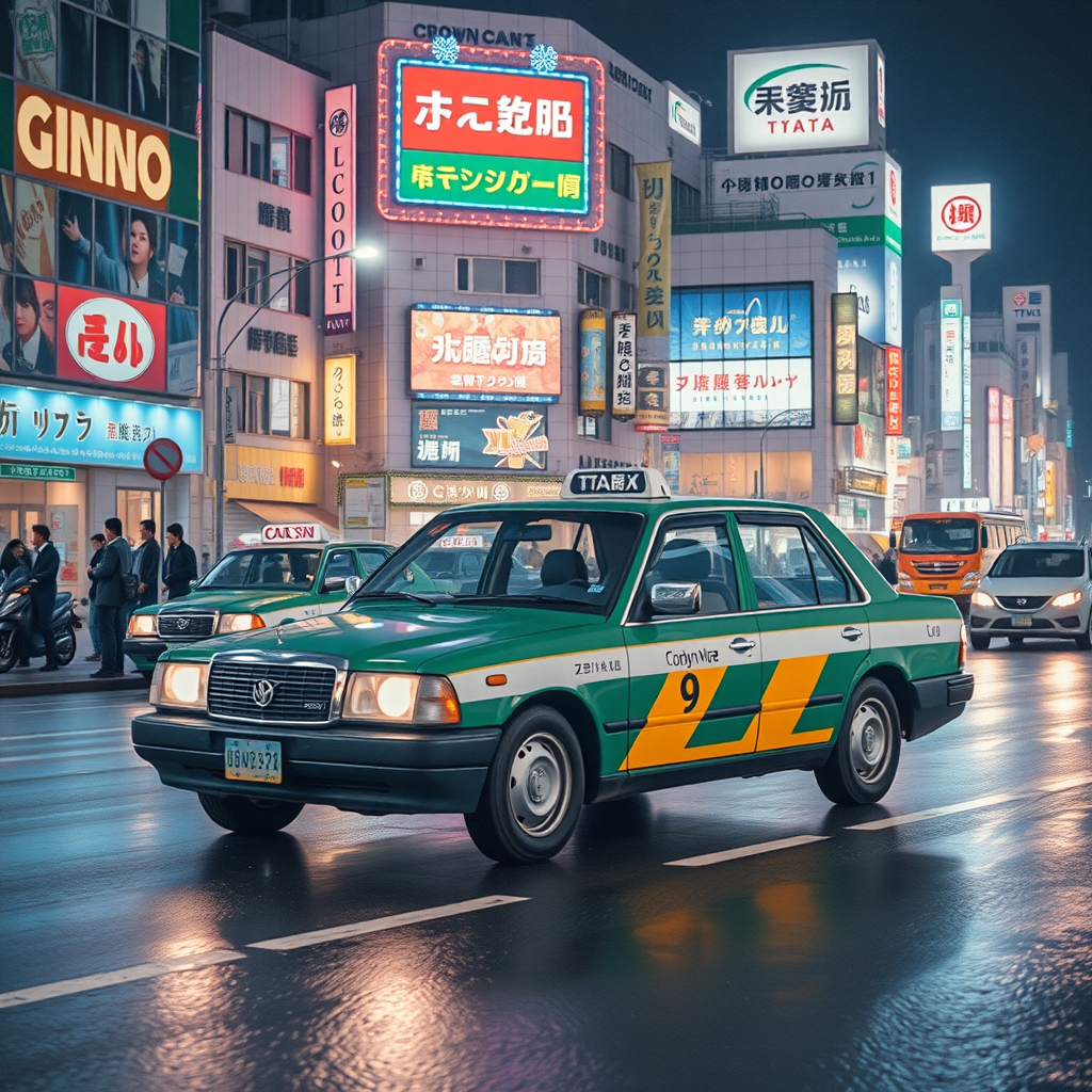 japanese crown comfort taxi ginza midnight photorealistic