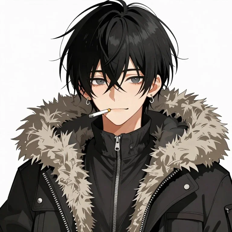 cool japanese black hair fluffy parka piercing