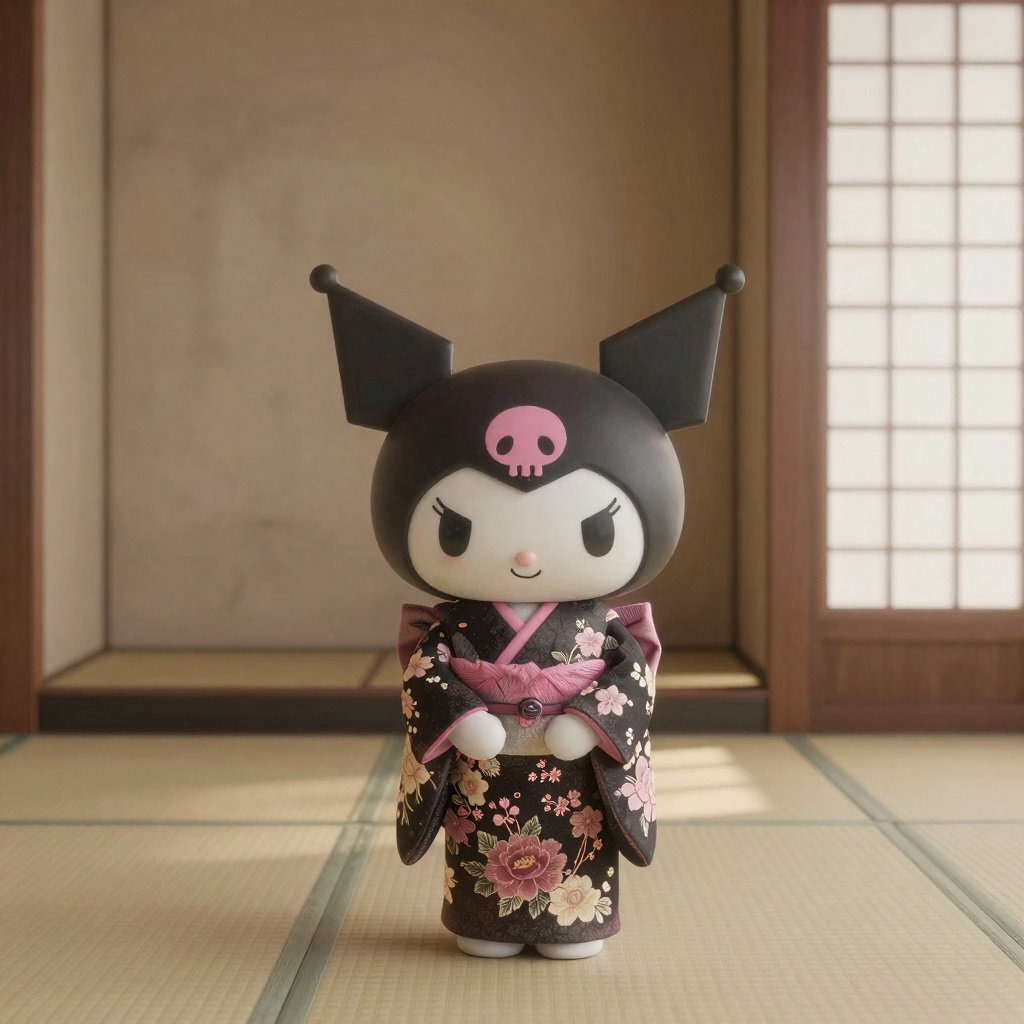 kuromi in black peony cherry blossom kimono