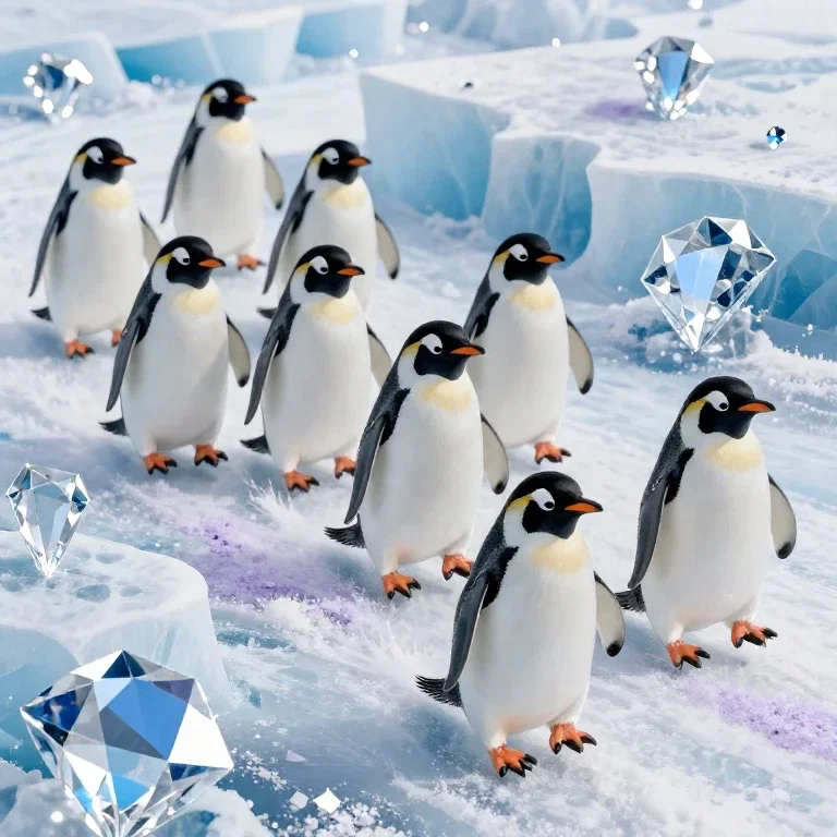 penguins sliding on ice with lavender shadows