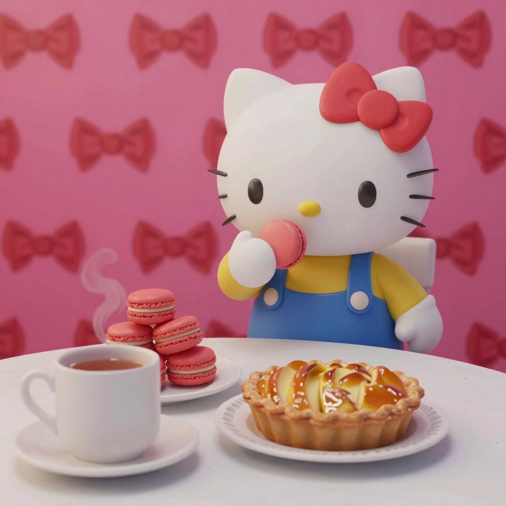 hello kitty eating macaron pie tea pastel