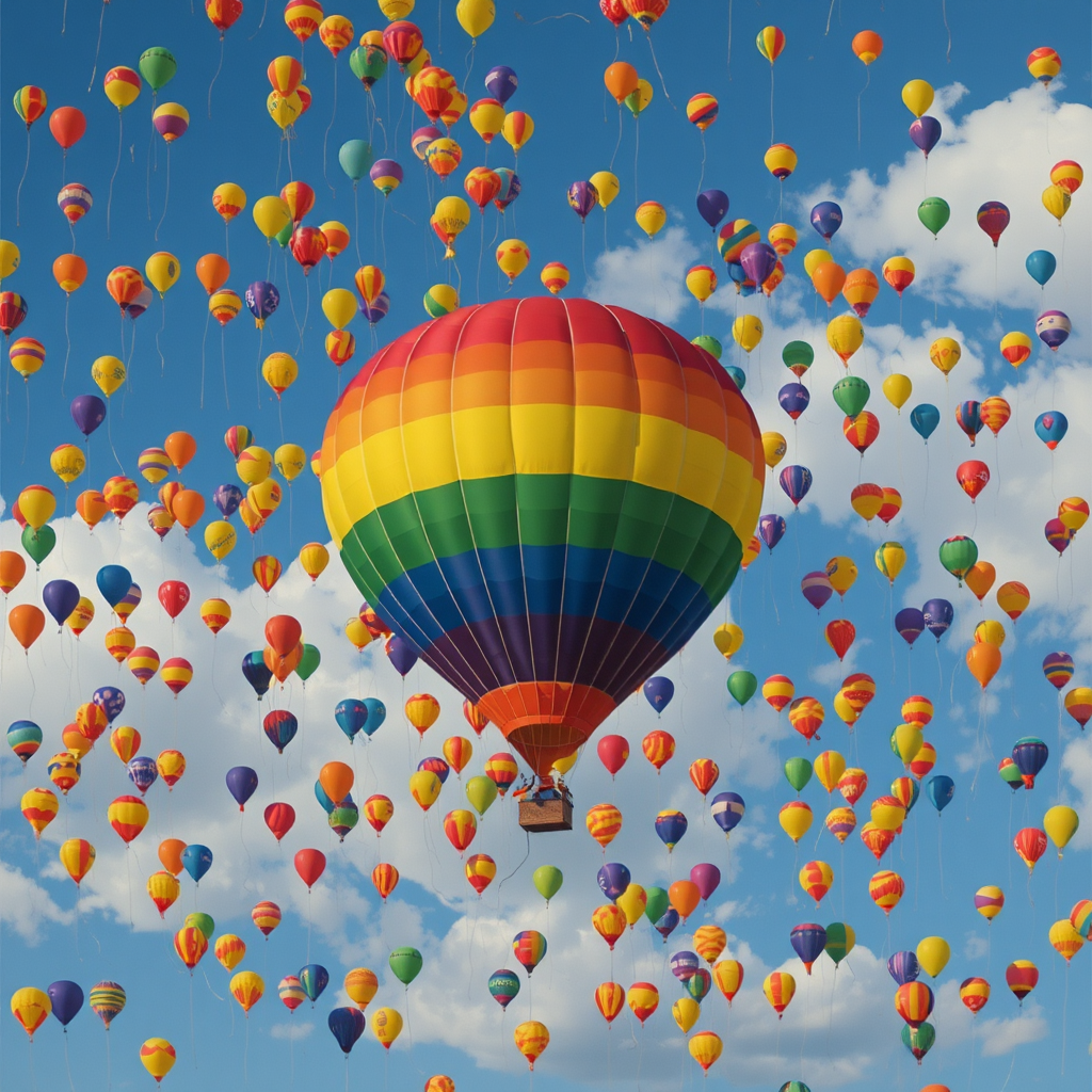 hyperrealistic photography colossal rainbow hued hot air balloon
