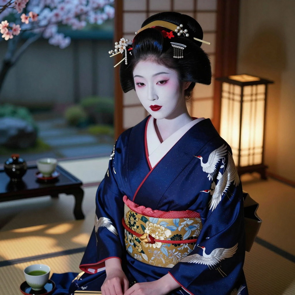 geisha in traditional kimono at teahouse