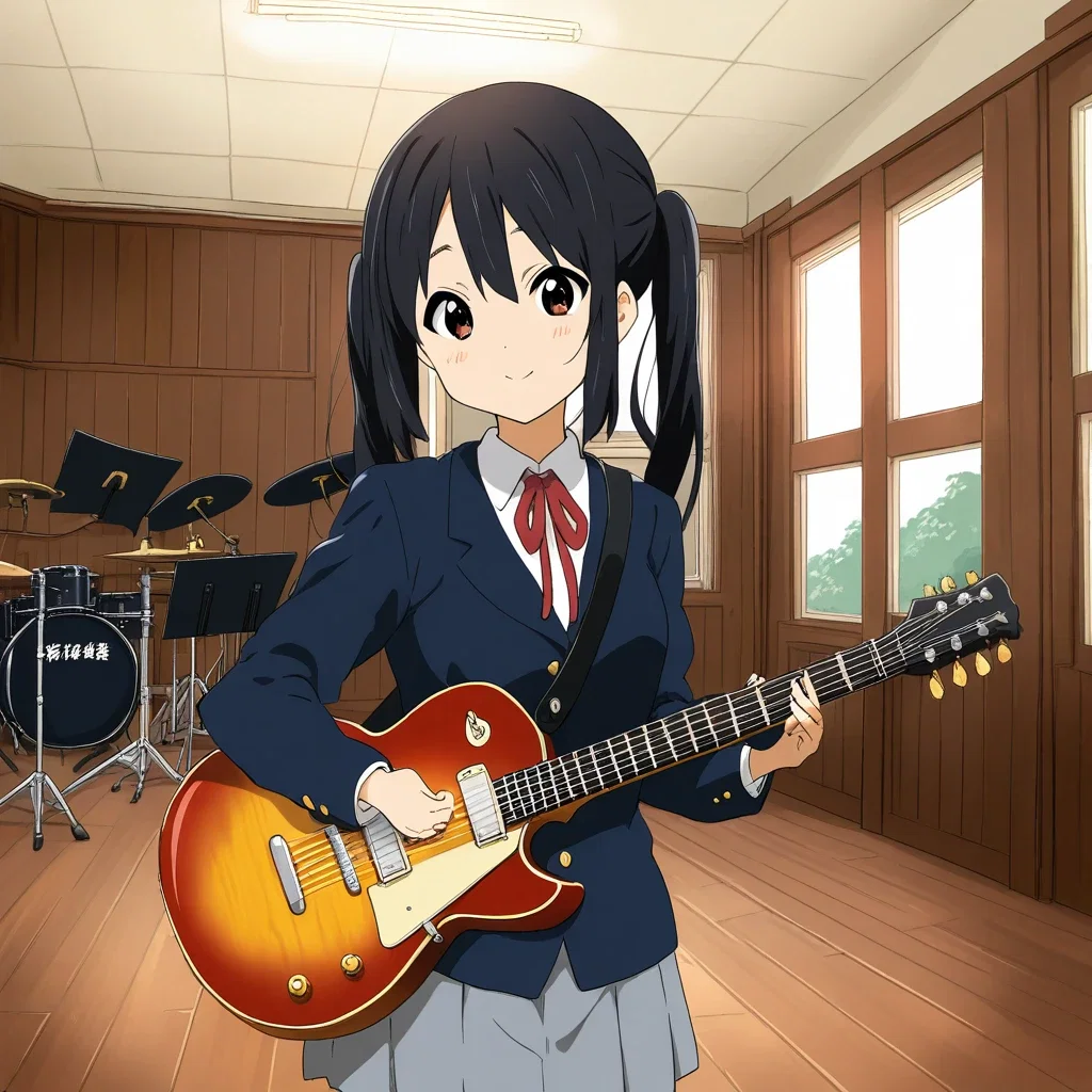 cute beautiful girl k on azunyan nakano azusa long black hair twin tails navy blazer gray skirt red ribbon music room guitar