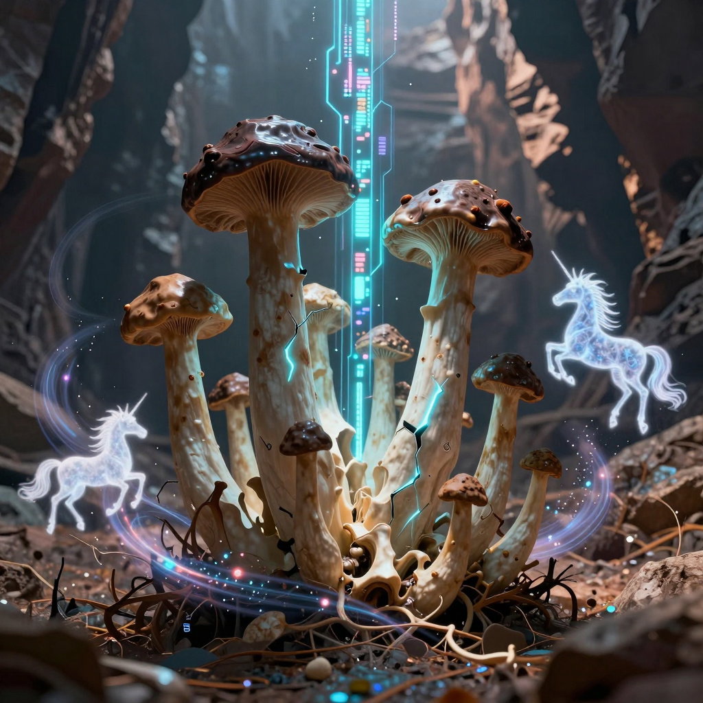 baroque digital painting of craterellus cornucopioides clusters