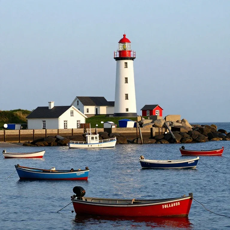 seaside town with ghostly lighthouse and sunken boats