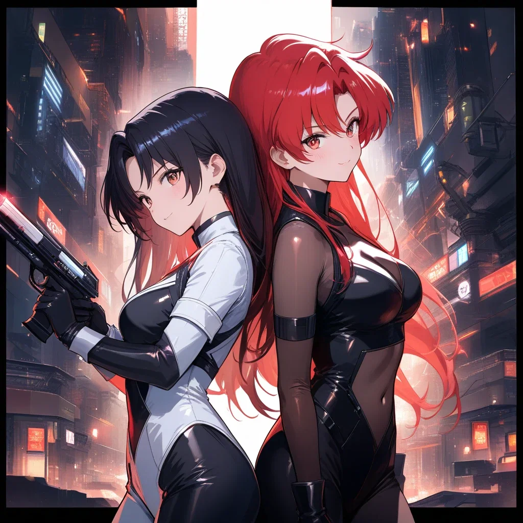 cute girls back to back futuristic city