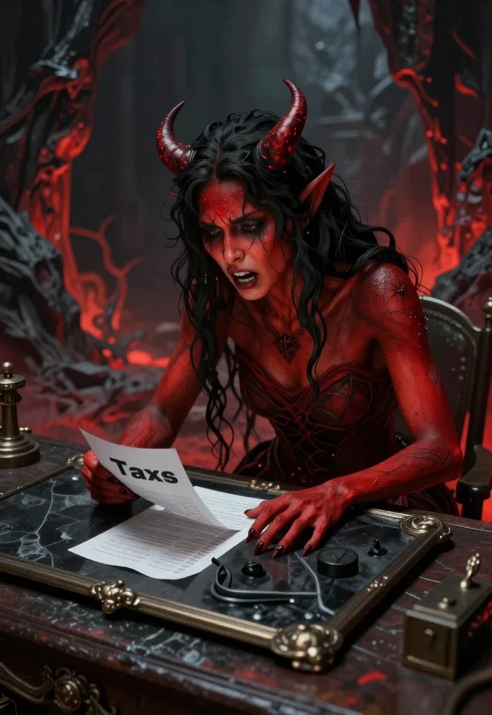 female demon doing taxes anxious expression