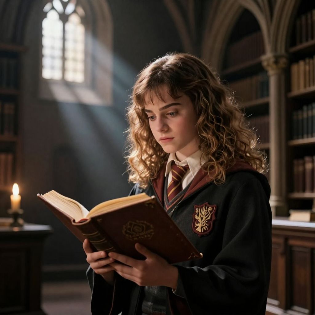 hermione granger reading grimoire in gothic library